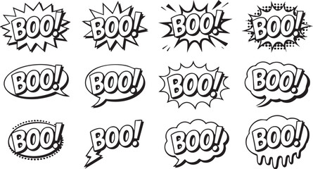 Collection of spooky and fun boo speech bubbles isolated on white background, perfect for adding a playful touch to your halloween designs and greetings