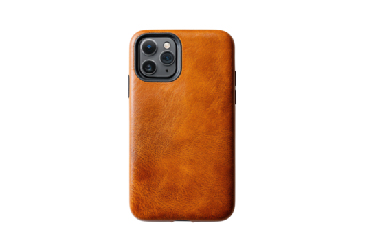 A brown leather case for a mobile phone is placed on a white background. The case is made of genuine leather and has a simple design. - Powered by Adobe