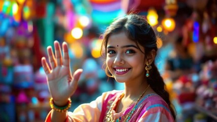 Smiling young asian woman in colorful market waving amidst vibrant lights