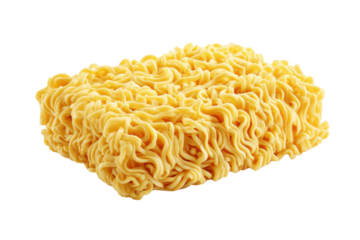 A piece of yellow ramen noodles with a white background. The noodles are long and curly, and they are sitting on a white surface