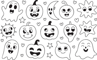 Whimsical halloween coloring page isolated on white background featuring ghosts, pumpkins, moons, and stars with cute, smiling faces and heart decorations