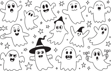 Collection of cartoon ghosts isolated on white background, each with a unique shape and expression, creating a whimsical and slightly eerie aesthetic