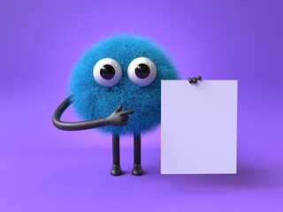 Fluffy, cute monster holds a blank sign, symbolizes information and advertising display. 3D rendering, conceptual image. Isolated on white background.