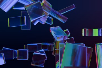 Gleaming transparent geometric shapes cascade and float in a dark, gradient void