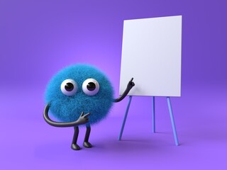 Fluffy, cute monster with blank canvas, symbolizes creativity and presentation. 3D rendering, conceptual image. Isolated on white background.