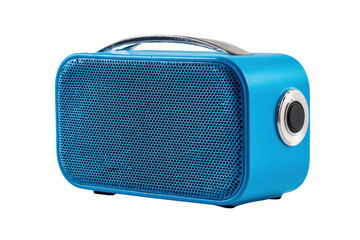 A blue speaker with a silver handle sits on a white surface. The speaker is small and has a mesh design