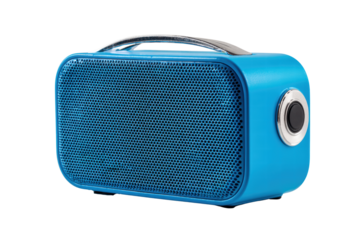 A blue speaker with a silver handle sits on a white surface. The speaker is small and has a mesh design