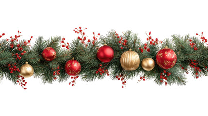 Beautiful Christmas garland decoration made of pine branches with red and gold Christmas balls isolated on white background