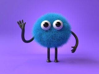 Fluffy, cute monster waving, symbolizing greeting or friendliness. 3D rendering, conceptual image. Isolated on white background.