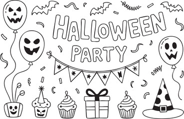 Halloween party themed doodle isolated on white background featuring balloons, bats, cupcakes, gift, party hat, and halloween party banner elements
