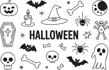 Halloween themed doodle isolated on white background featuring pumpkins, bats, candles, spider, skull, coffin, bones, ghost, and witch hat elements