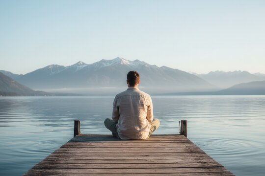 A man meditates in a yoga pose on a wooden pier facing a mountain lake. Back view of a person enjoying solitude in nature. Wellness and mindfulness concept