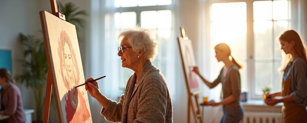 An elderly woman is painting in art class. She holds a brush drawing a picture on the canvas. Several other students work in the background. Art and senior people are in the shot.