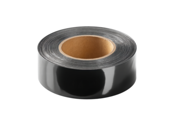 A black tape is on a white background. The tape is shiny and has a brown edge