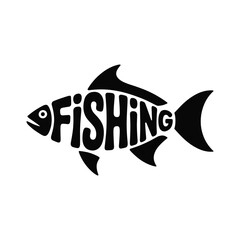 Black fish silhouette formed by the word fishing on white background word art typography