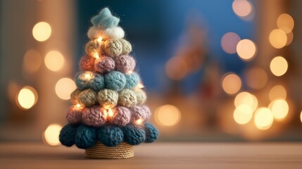 毛糸のポンポンとイルミネーションでできた、手作りのクリスマスツリー