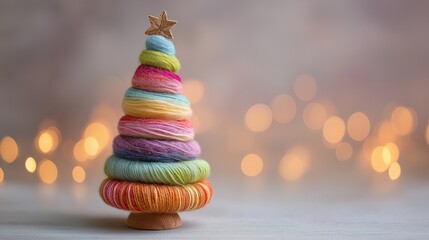 虹色の毛糸を巻いて作った、カラフルなクリスマスツリーのオブジェ