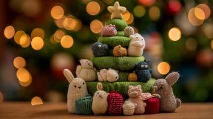 可愛いあみぐるみの動物たちが飾られた、緑のクリスマスツリー