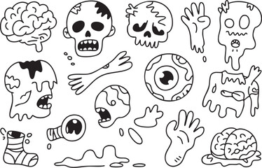 A collection of spooky halloween doodles featuring brains, skulls, and zombie parts isolated on white background, perfect for creating eerie and fun designs