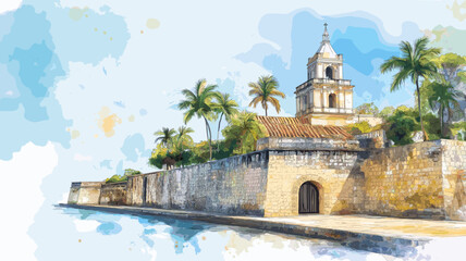 Castillo de San Felipe. Castillo de San Felipe hand drawn watercolor illustration