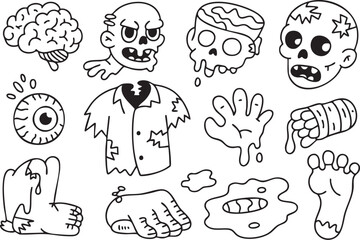Spooky halloween doodles featuring zombie parts and gore isolated on white background, perfect for creating eerie and fun designs for the holiday season