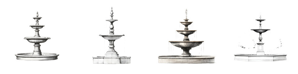 Fototapeta premium Classic Fountain Collection: Tiered Water Feature Designs on White