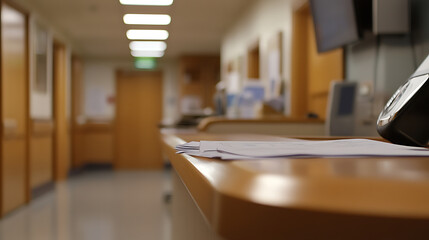 Focus on papers at the reception desk in a calm healthcare setting, with a hallway visible in the background. The environment exudes a sense of professional care.