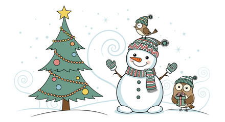 Charming Snowman and Christmas Tree Winter Scene.