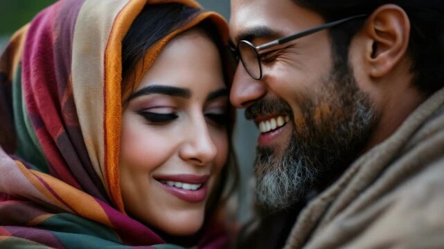 Happy couple in love embracing outdoors in colorful scarves