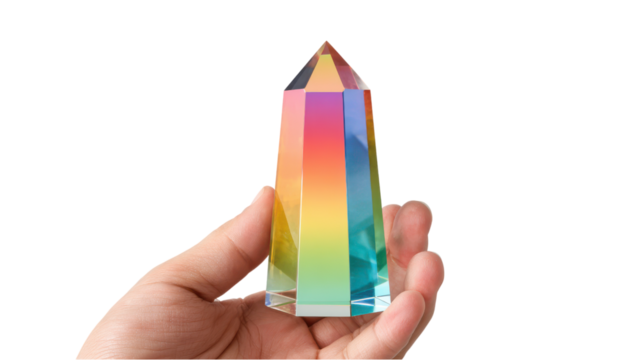 Hand Holding Rainbow Prism: Color Spectrum Refraction on White - Powered by Adobe