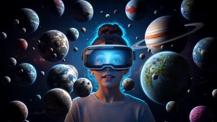 Young girl exploring virtual reality with planets in background   - Powered by Adobe