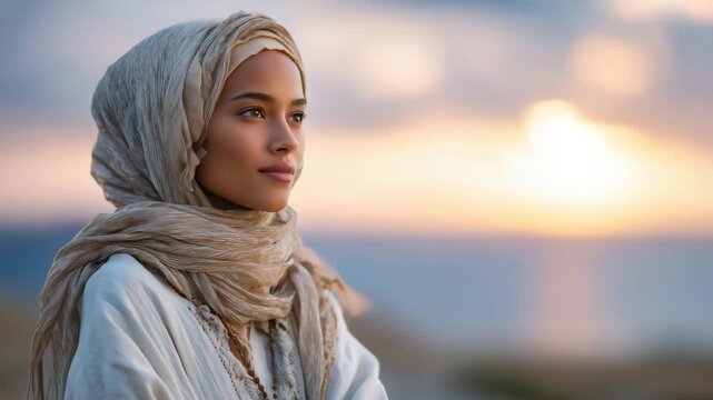 Elegant profile of woman in beige hijab, glowing rays of setting sun outlining her figure, pastel horizon blending into soft clouds