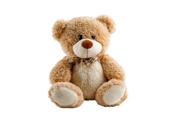 A teddy bear is sitting on a white background. The bear is brown and has a brown nose