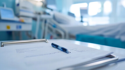 Focused on medical form on a clipboard with pen in a hospital room. The setting evokes a sense of clinical precision, highlighting healthcare documentation process.