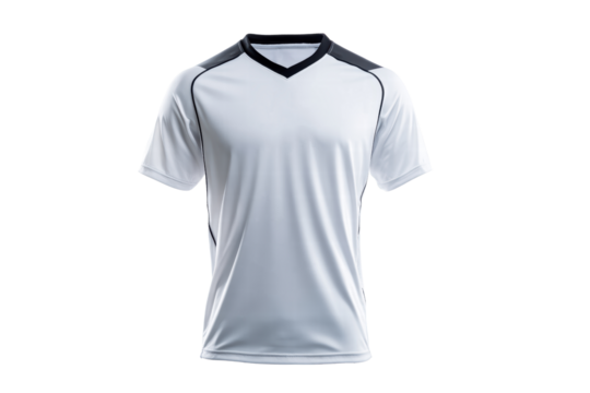 A white shirt with black trim. The shirt is a v-neck and has a black stripe down the middle - Powered by Adobe
