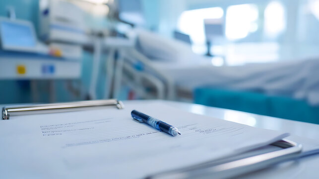 Focused on medical form on a clipboard with pen in a hospital room. The setting evokes a sense of clinical precision, highlighting healthcare documentation process.