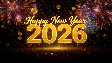 Bright golden happy new year 2026 text with fireworks and bokeh lights