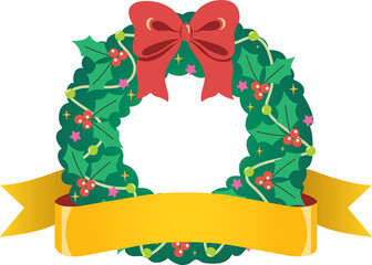 Christmas garland with bells and gold ribbon style. Merry Christmas card. Christmas elements collection.