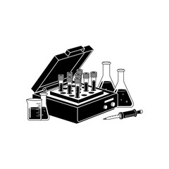 Laboratory equipment including test tubes, beakers, and syringes arranged on a table for scientific research