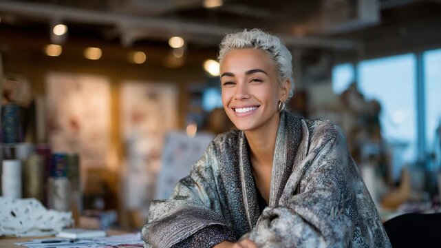 Female designer holding luxurious silk fabric, smiling thoughtfully in a spacious, well-lit studio filled with sewing materials and design sketches - Powered by Adobe