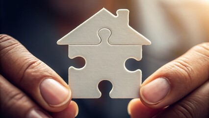 Hands Holding Puzzle Piece Shaped Like House, Concept of Housing