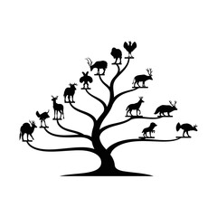 Silhouette of a tree with various animals perched on its branches against a white background