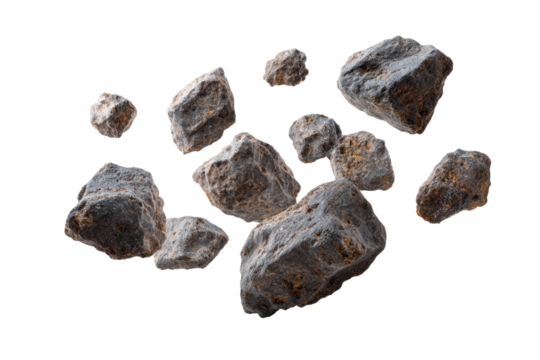 A bunch of rocks flying through the air. The rocks are scattered in various directions, with some flying higher and others lower. The scene gives off a sense of chaos and movement