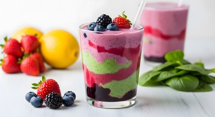 A layered smoothie with berries and spinach next to lemons and another smoothie on a white surface
