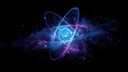 Abstract atom model with glowing nucleus and orbiting electrons symbolizing science and energy