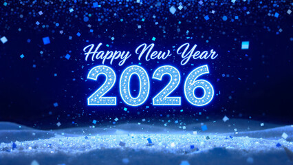 Happy new year 2026 glowing text with falling snow and bokeh lights on a dark blue background