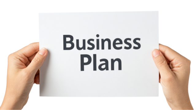 Business Plan Concept: Hands Holding Sign Isolated on White