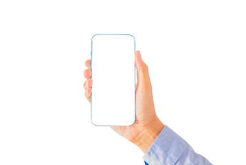 Close-up of hand holding modern smartphone with blank screen isolated on white background. High...