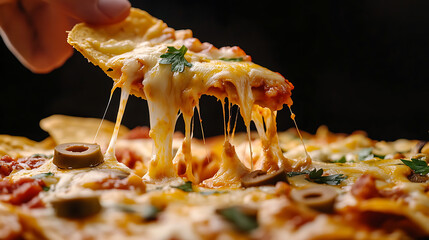 Indulge in cheesy delight! A crispy tortilla chip, generously loaded with melted cheese, savory toppings, and garnished with fresh herbs. A perfect snack for a party or a casual gathering.