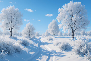 Obraz premium Golden winter sunset landscape with frosted trees and glowing snow